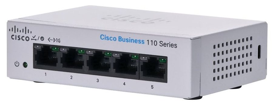 Cisco Business CBS110-5T-D nhìn nghiêng từ mặt trước, thấy rõ dãy cổng và đèn trạng thái