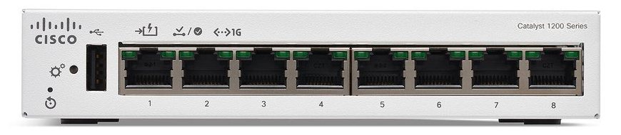 Cisco Catalyst C1200-8T-D-EU nhìn nghiêng từ mặt trước, thấy rõ dãy cổng và đèn trạng thái