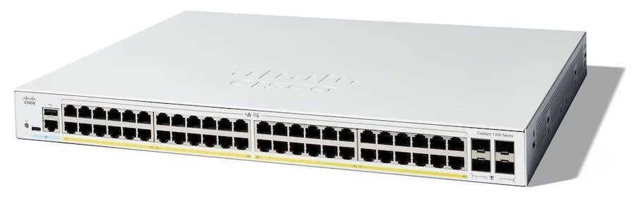 Cisco Catalyst C1300-48P-4G-EU nhìn nghiêng từ mặt trước, thấy rõ dãy cổng và đèn trạng thái