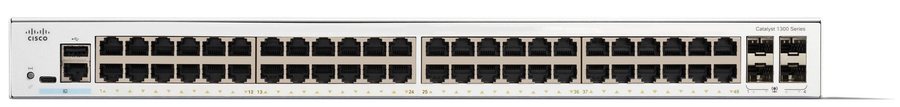 Cisco Catalyst C1300-48T-4G-EU nhìn nghiêng từ mặt trước, thấy rõ dãy cổng và đèn trạng thái