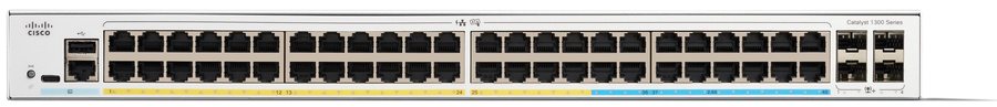 Cisco Catalyst C1300-48T-4X-EU nhìn nghiêng từ mặt trước, thấy rõ dãy cổng và đèn trạng thái