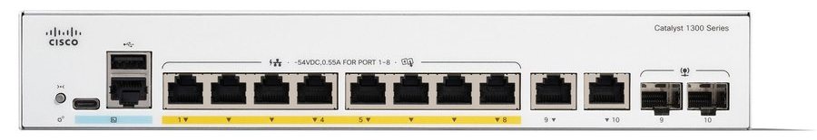Cisco Catalyst C1300-8FP-2G-EU nhìn nghiêng từ mặt trước, thấy rõ dãy cổng và đèn trạng thái