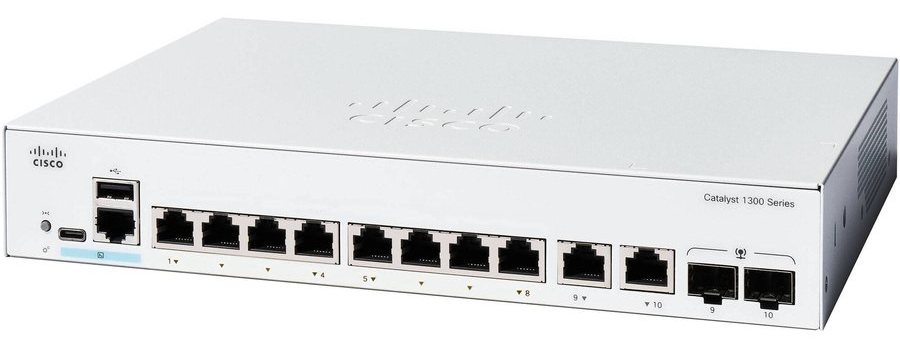 Cisco Catalyst C1300-8T-E-2G-EU nhìn nghiêng từ mặt trước, thấy rõ dãy cổng và đèn trạng thái