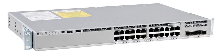 Cisco Catalyst C9200-24P-A nhìn nghiêng từ mặt trước, thấy rõ dãy cổng và đèn trạng thái