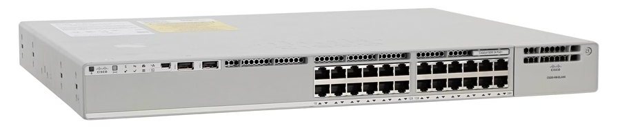 Cisco Catalyst C9200-24P-E nhìn nghiêng từ mặt trước, thấy rõ dãy cổng và đèn trạng thái