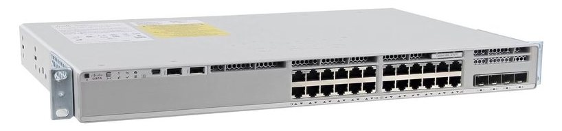Cisco Catalyst C9200-24T-E nhìn nghiêng từ mặt trước, thấy rõ dãy cổng và đèn trạng thái