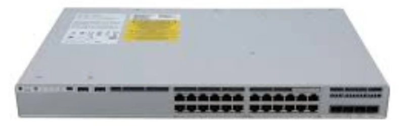 Cisco Catalyst C9200L-24P-4X-A nhìn nghiêng từ mặt trước, thấy rõ dãy cổng và đèn trạng thái