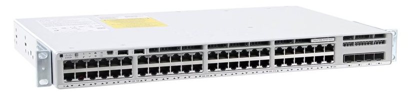 Cisco Catalyst C9200L-48P-4X-A nhìn nghiêng từ mặt trước, thấy rõ dãy cổng và đèn trạng thái