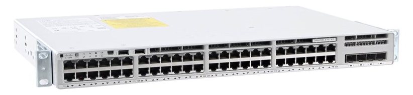 Cisco Catalyst C9200L-48T-4G-A nhìn nghiêng từ mặt trước, thấy rõ dãy cổng và đèn trạng thái