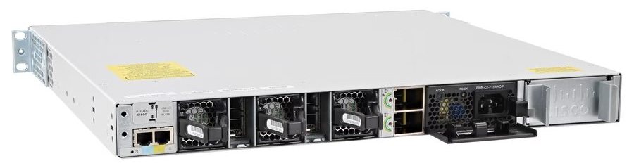 Cisco Catalyst C9300-24P-E nhìn từ mặt sau: khe nguồn dự phòng, quạt và khe module uplink