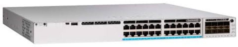 Cisco Catalyst C9300-24T-E nhìn nghiêng từ mặt trước, thấy rõ dãy cổng và đèn trạng thái