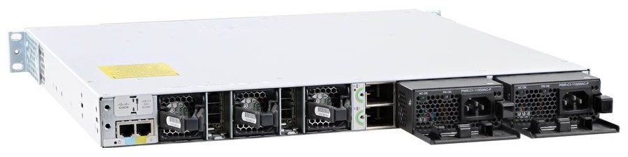 Cisco Catalyst C9300-24UX-A nhìn từ mặt sau: khe nguồn dự phòng, quạt và khe module uplink