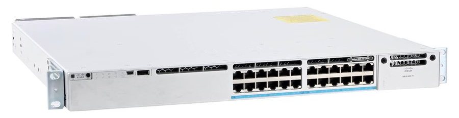 Cisco Catalyst C9300-24UX-E nhìn nghiêng từ mặt trước, thấy rõ dãy cổng và đèn trạng thái