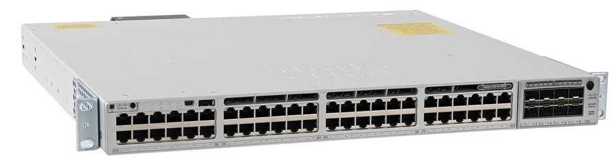 Cisco Catalyst C9300-48U-A nhìn nghiêng từ mặt trước, thấy rõ dãy cổng và đèn trạng thái