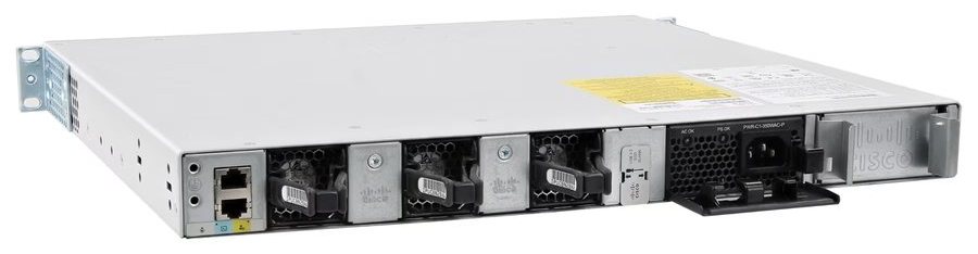 Cisco Catalyst C9300L-24P-4G-E nhìn từ mặt sau: khe nguồn dự phòng, quạt và khe module uplink