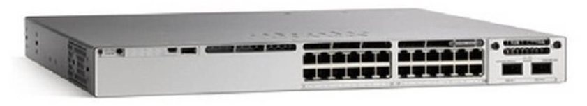 Cisco Catalyst C9300L-24P-4X-A nhìn nghiêng từ mặt trước, thấy rõ dãy cổng và đèn trạng thái