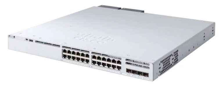 Cisco Catalyst C9300L-24T-4G-A nhìn nghiêng từ mặt trước, thấy rõ dãy cổng và đèn trạng thái