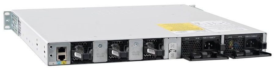 Cisco Catalyst C9300L-48P-4X-A nhìn từ mặt sau: khe nguồn dự phòng, quạt và khe module uplink