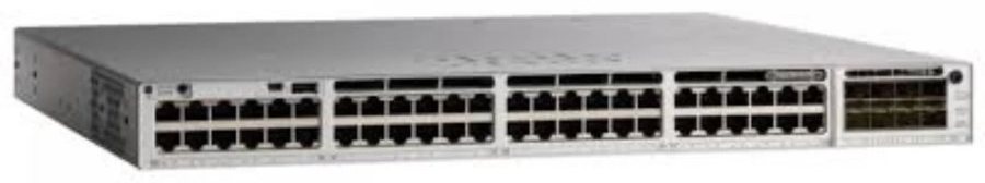 Cisco Catalyst C9300L-48PF-4G-A nhìn nghiêng từ mặt trước, thấy rõ dãy cổng và đèn trạng thái