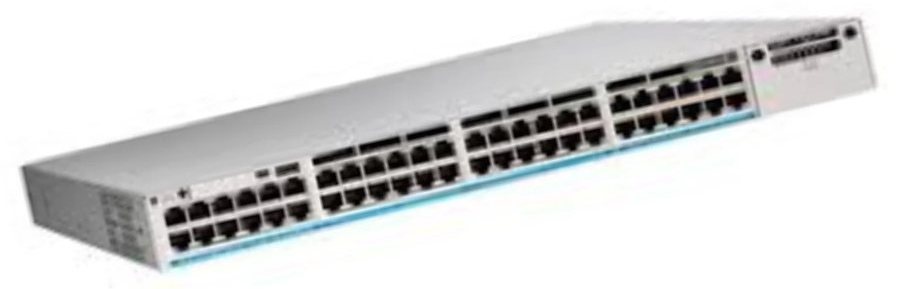 Cisco Catalyst C9300L-48PF-4G-E nhìn nghiêng từ mặt trước, thấy rõ dãy cổng và đèn trạng thái