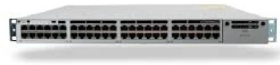 Cisco Catalyst C9300L-48T-4X-A nhìn nghiêng từ mặt trước, thấy rõ dãy cổng và đèn trạng thái