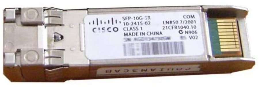 Module quang Cisco SFP-10G-SR nhìn nghiêng, thấy đầu nối LC và nhãn mã Cisco
