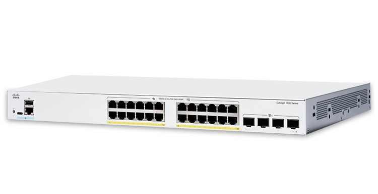Switch Cisco Catalyst 1300-24P-4G: 24 cổng PoE+ 195 W, 4 uplink SFP, quản trị web và stack trên bản 4X
